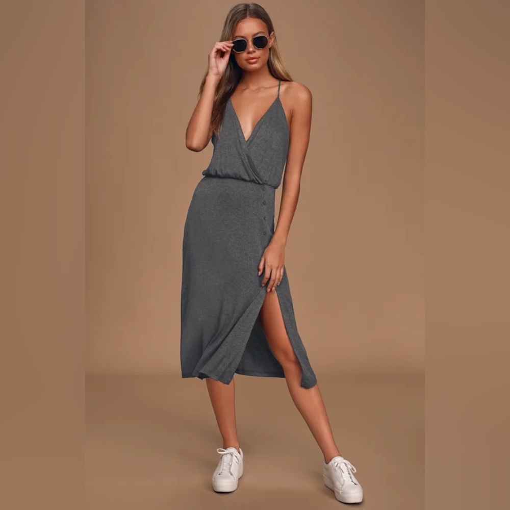 Lulus Palm Tree Breeze Charcoal Grey Ribbed Midi Dress
